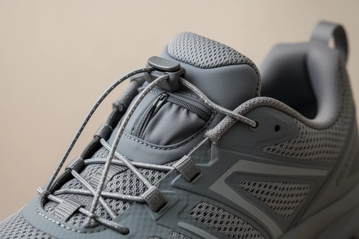 Close-up of the quick-pull lace system and tongue pocket on a trail running shoe