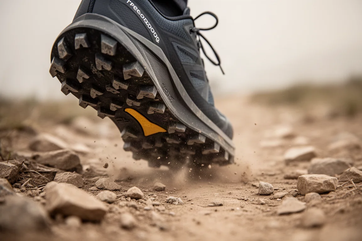 Lugged trail shoe outsole gripping a dry, stony trail surface