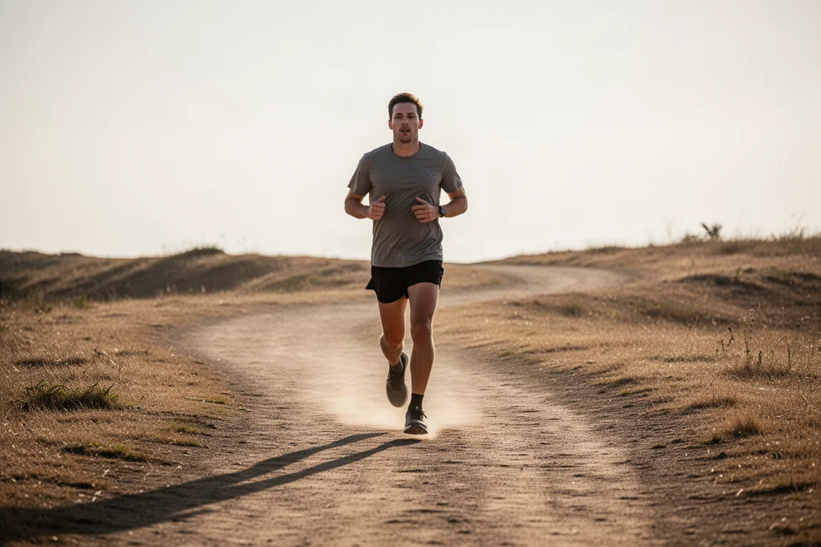 Runner cooling down on a sunlit flat trail after a steady recovery run