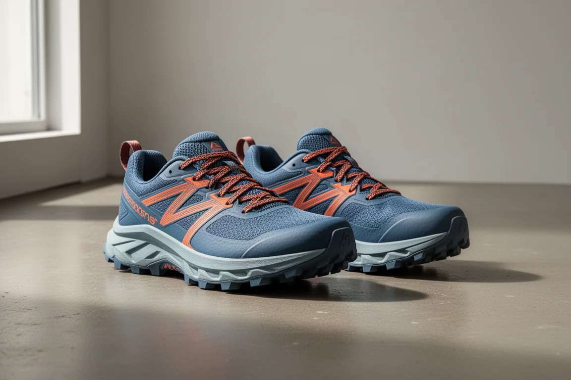 Pair of cushioned trail running shoes on a concrete studio floor