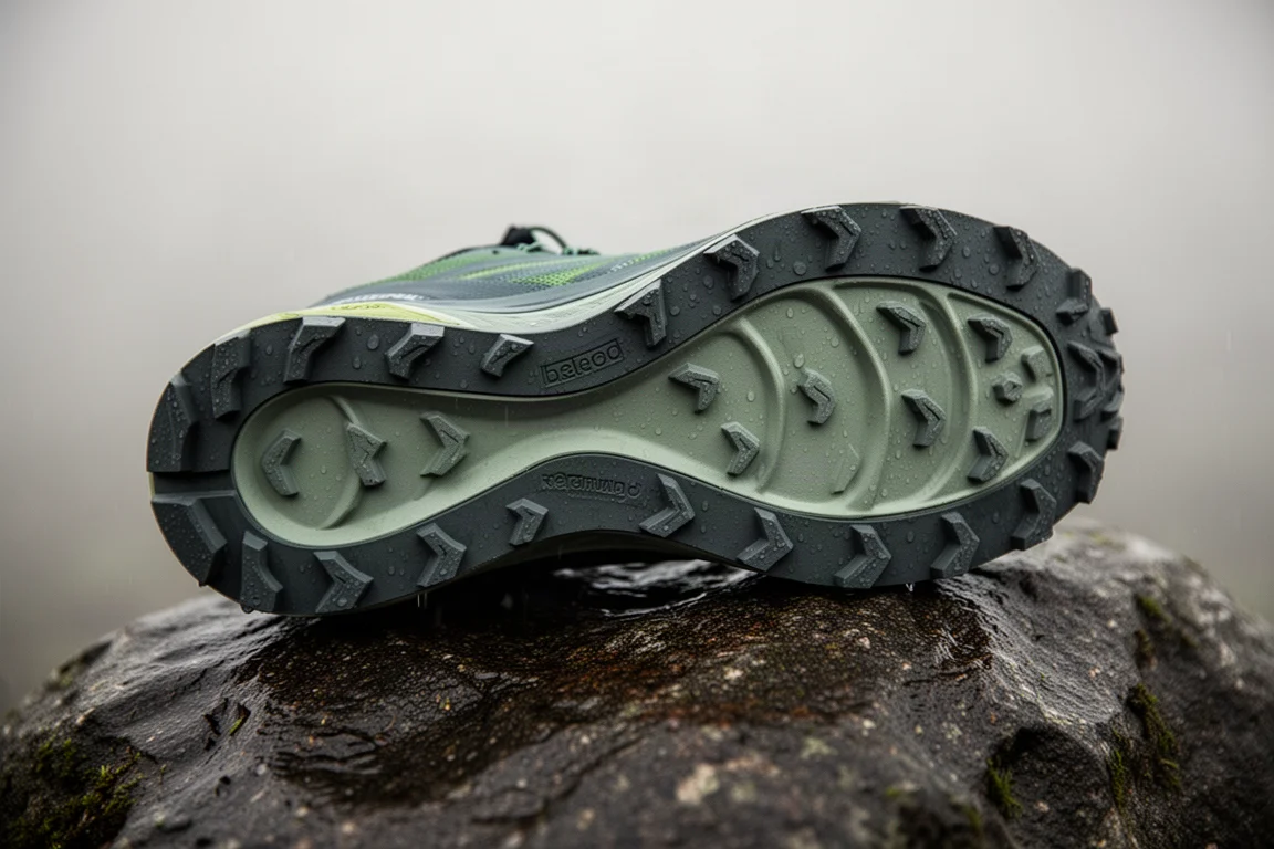 Tacchetta esterna con battitura rada su una scarpa da trail appoggiata su roccia bagnata