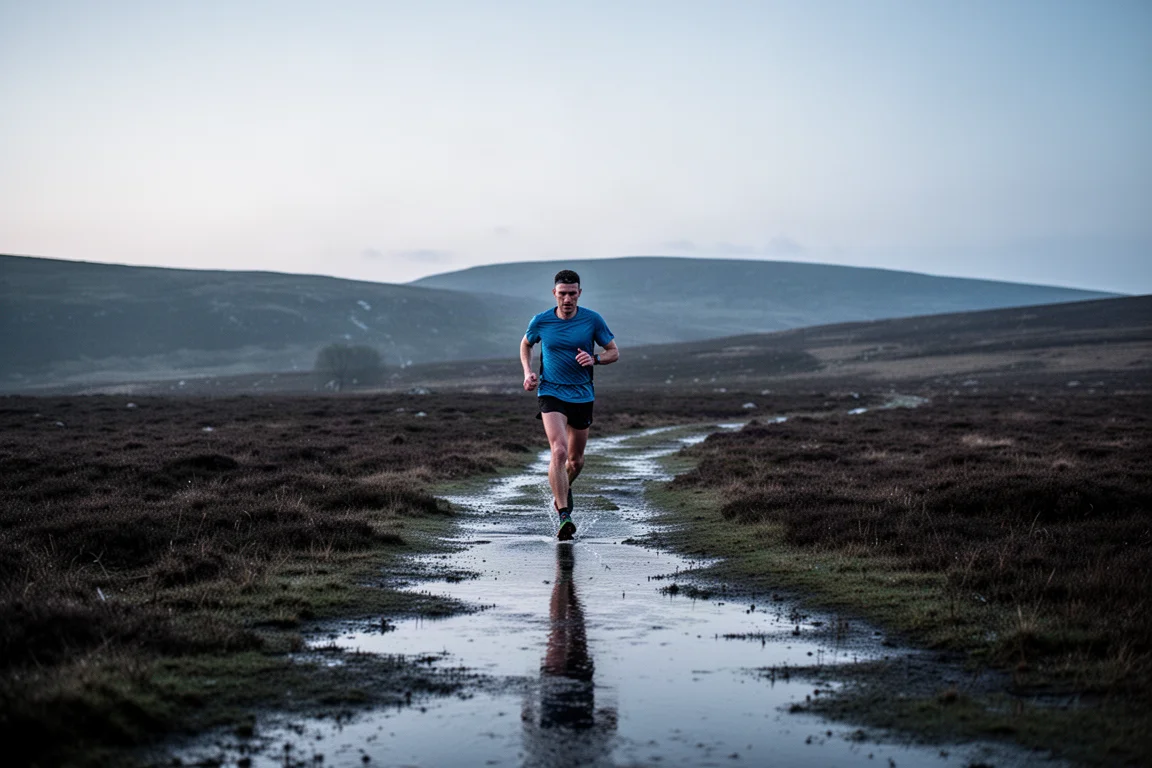 Trail runner che concluda un lungo allenamento su brughiere aperte al crepuscolo