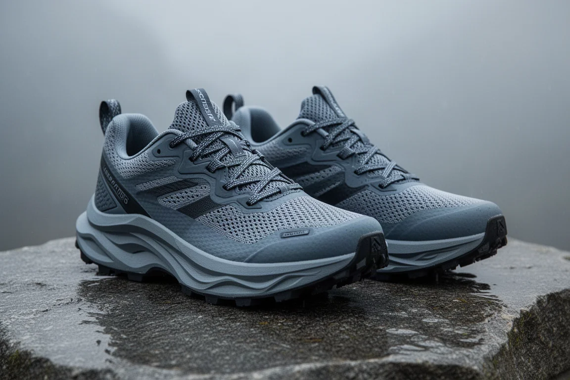Pair of maximal cushion trail running shoes on wet stone surface