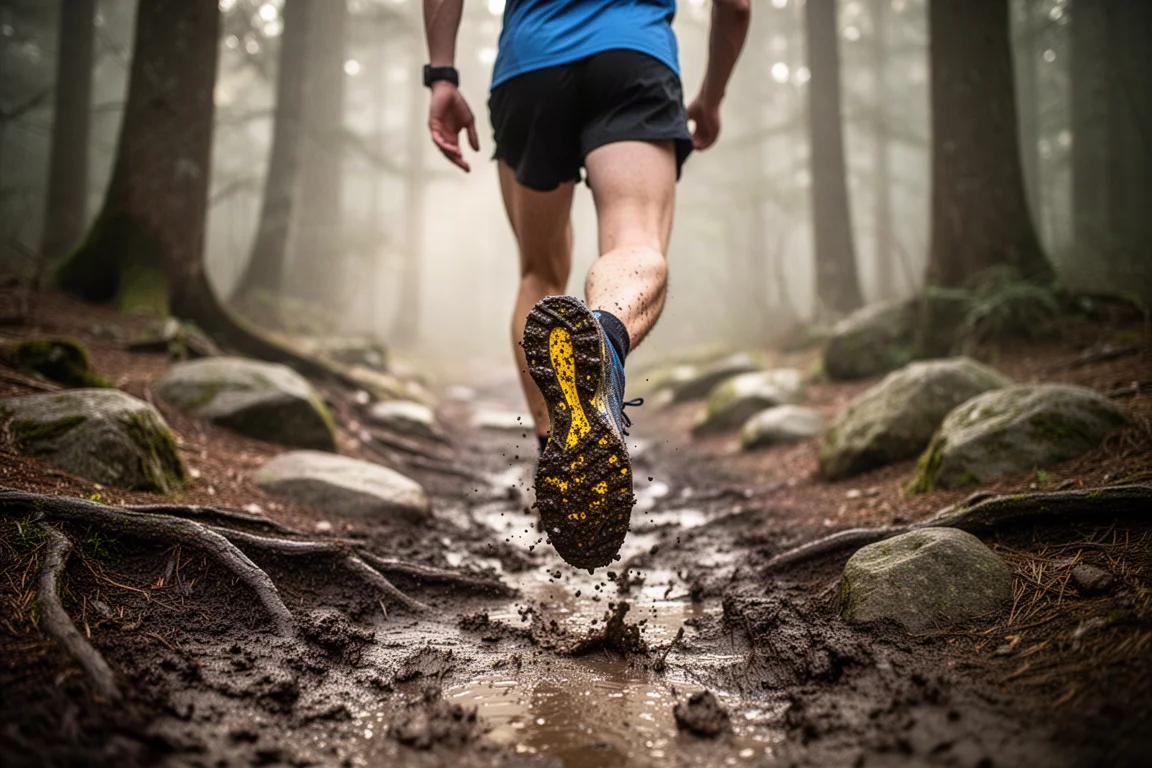Trail runner che attraversa un sentiero forestale fangoso nella luce soffusa del mattino