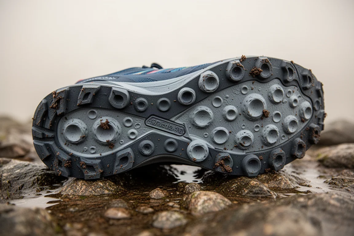 Primo piano dell'intersuola esterna di una scarpa trail con pattern a incavi circolari su terreno roccioso
