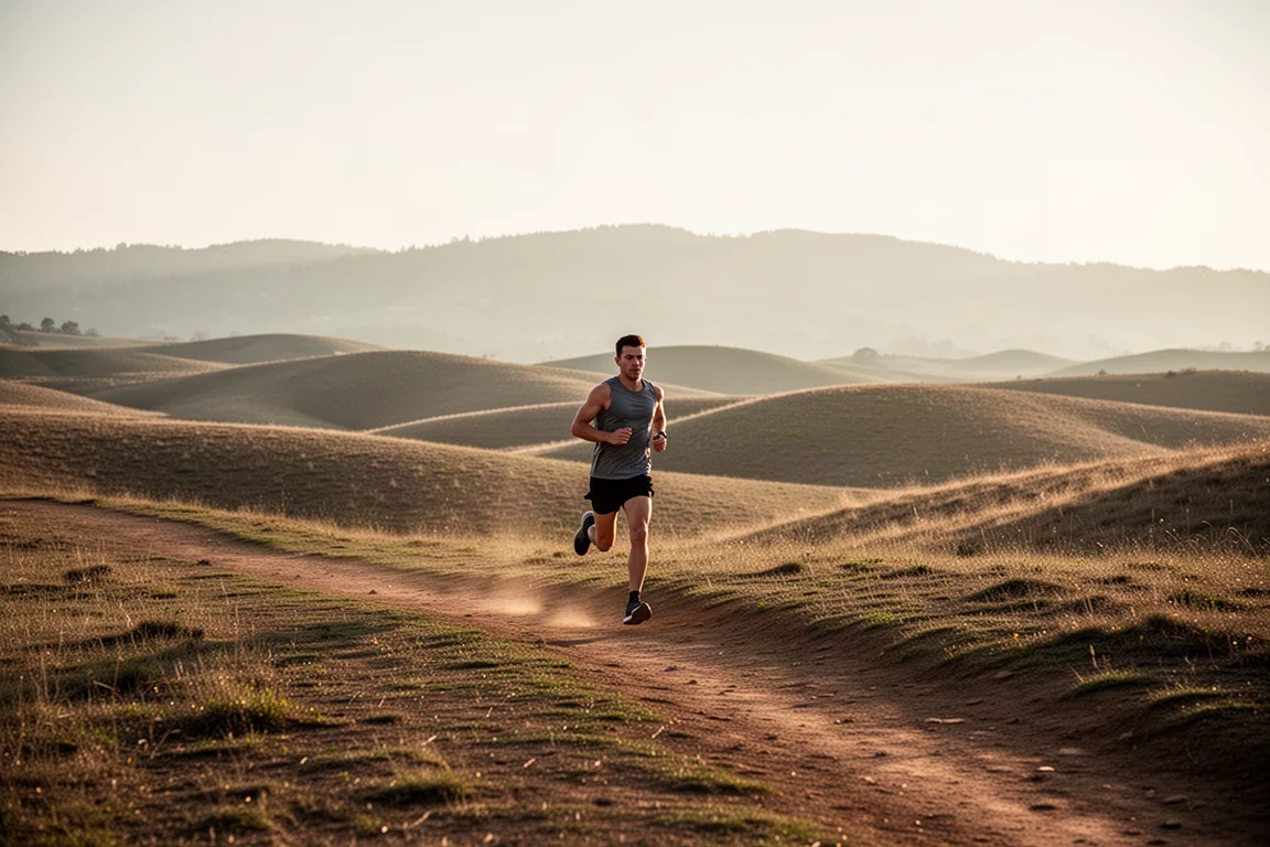 Runner che sale su dolci colline in un sentiero di terra aperto all'ora dorata