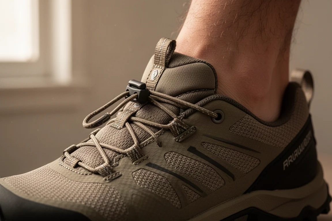 Dettaglio del sistema di allacciatura di una scarpa trail sul piede di un escursionista, con fissaggio sicuro