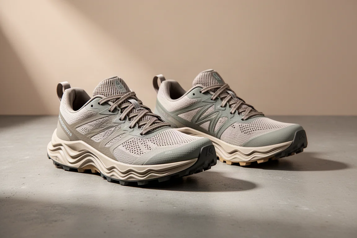 Due scarpe da trail running Salomon affiancate su una superficie di cemento