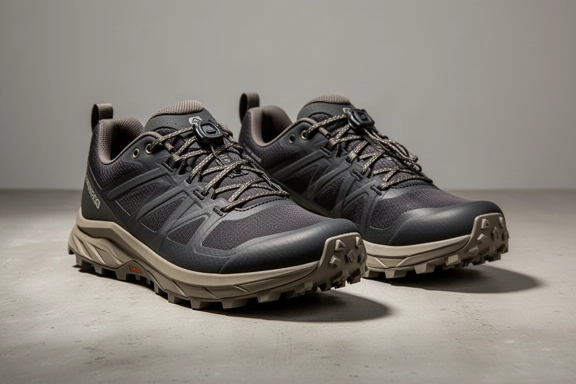 兩雙 Salomon Ultra Glide 越野跑鞋並排放在水泥地面上