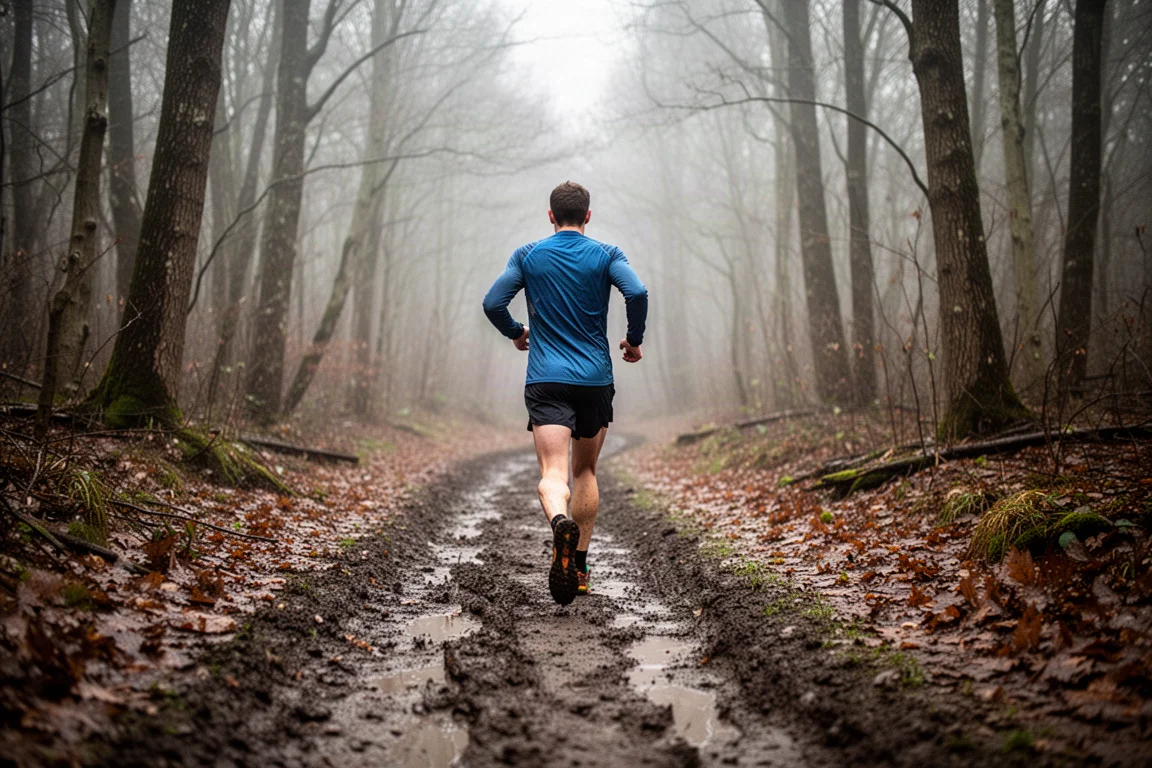 Trailrunner auf schlammigem Waldweg während eines langen Trainingslaufs