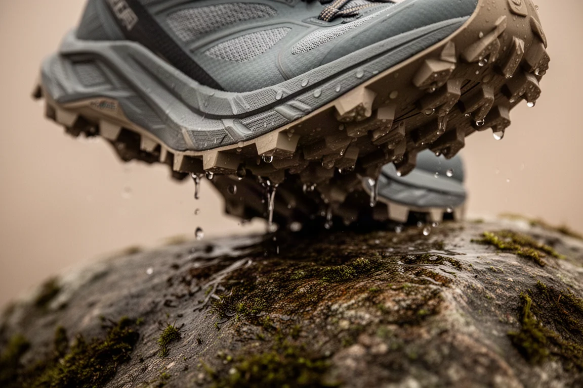 Nahaufnahme einer Trailschuh-Außensohle mit tiefen Stollen auf nassem Fels
