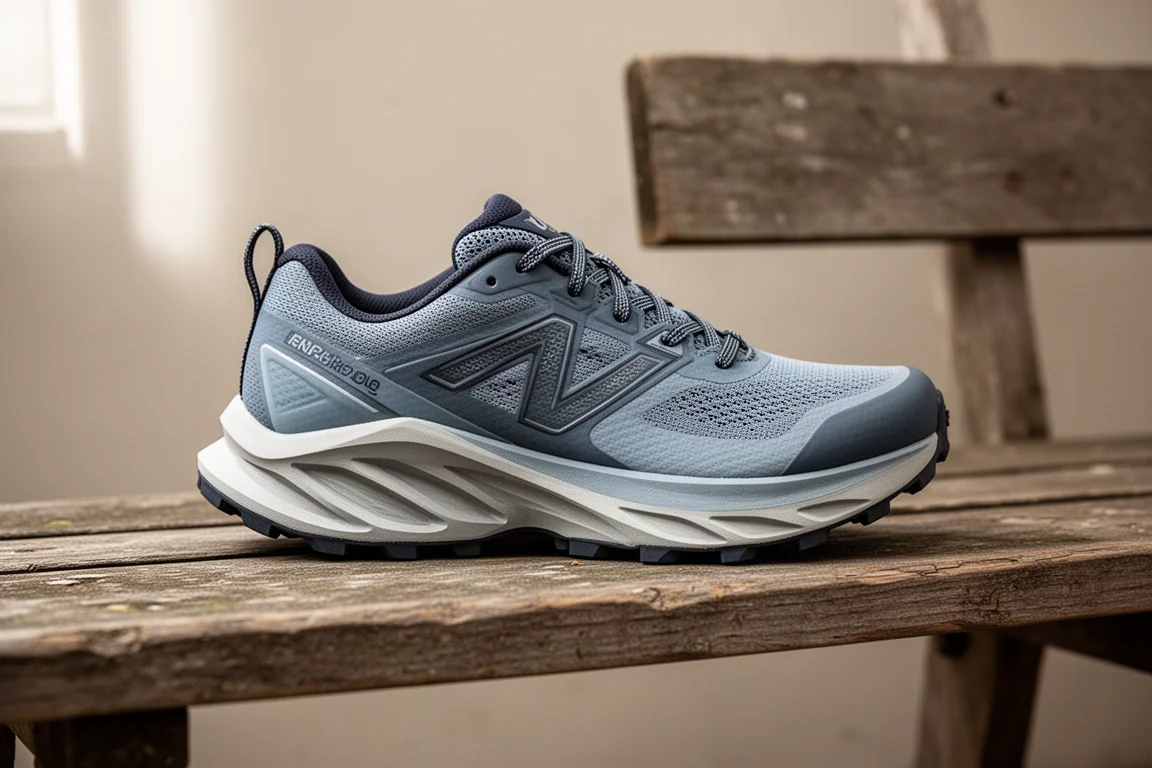 Stark gedämpfte Trailschuh-Mittelsohle auf einer Holzbank