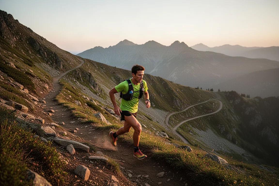 Läufer auf einem anspruchsvollen Bergtrail während eines langen Trainingslaufs