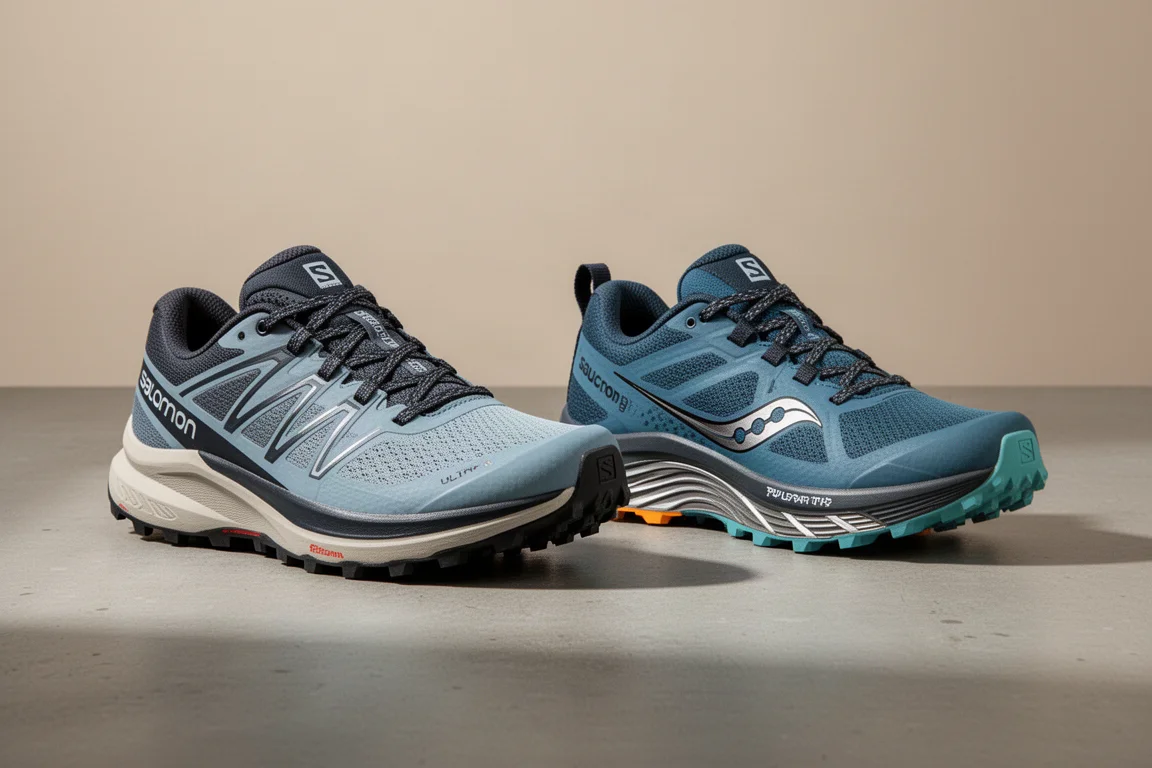 Salomon Ultra Glide and Saucony Pulsar Trail trail shoes side by side on concrete
