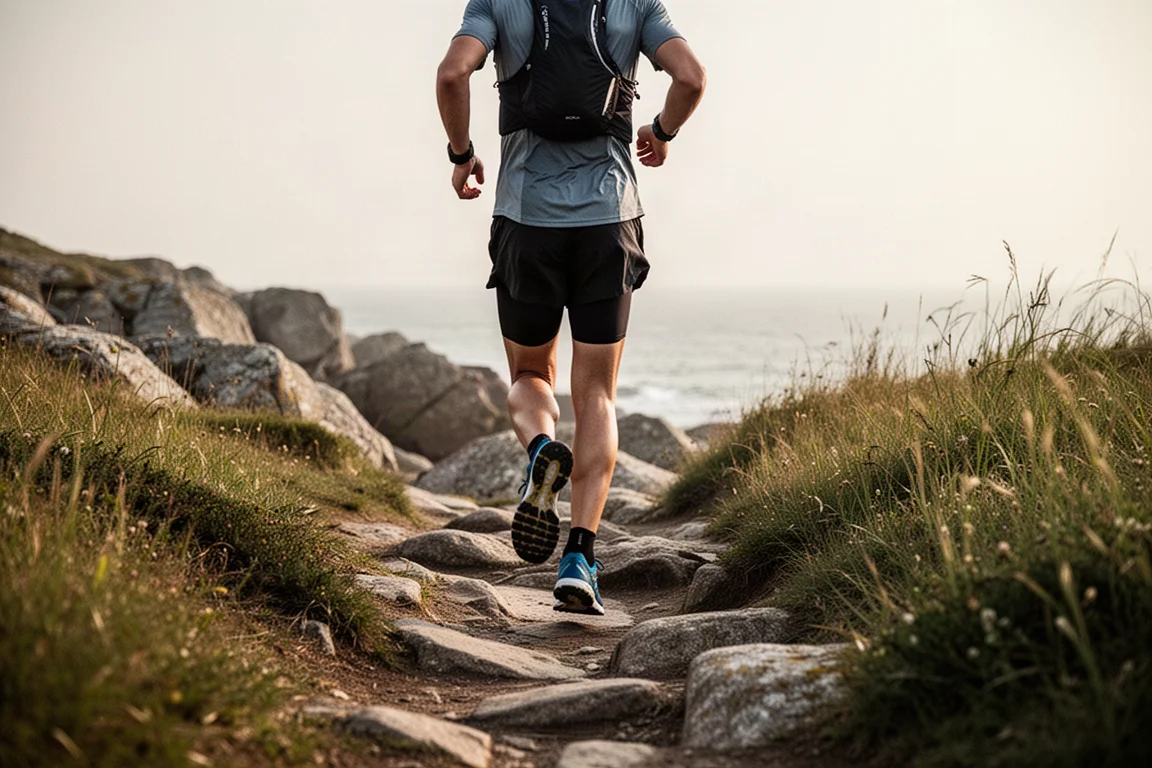 Trail runner in movimento su un sentiero roccioso di costa nella luce estiva