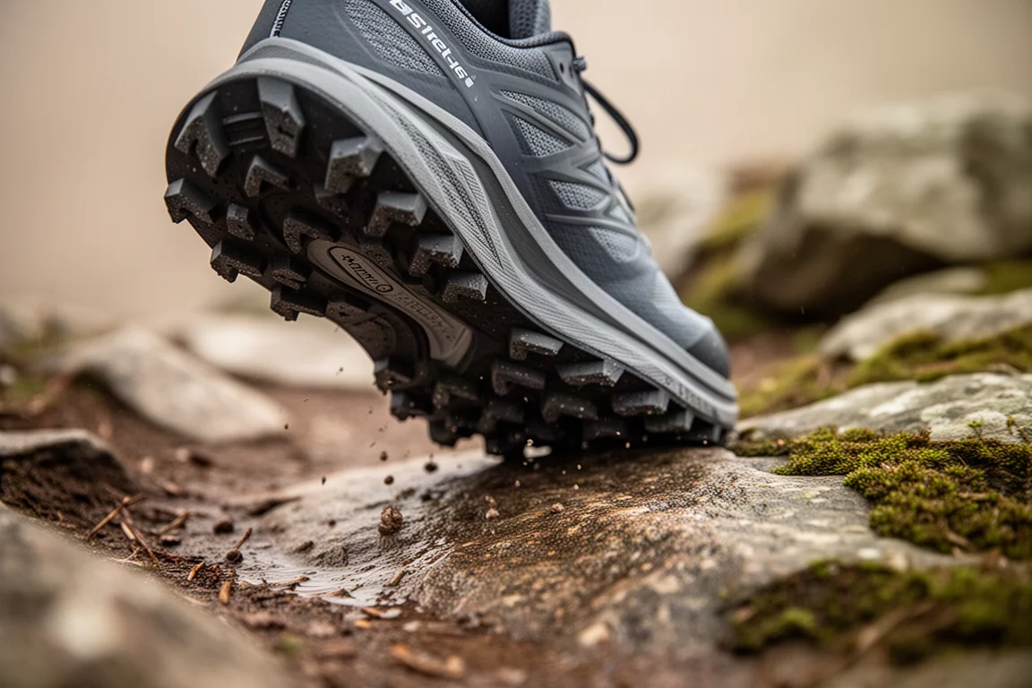 Dettaglio dei tacchetti della scarpa da trail che aderiscono a una superficie rocciosa e bagnata