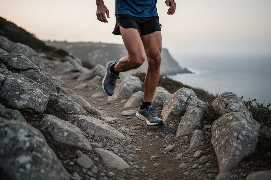 Runner in discesa su un sentiero roccioso tecnico nella luce evocativa della sera