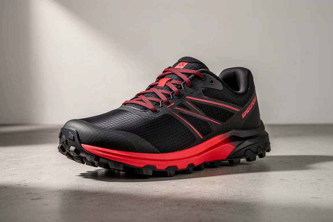 Black and red Salomon Ultra Raid trail running shoe on a matte concrete surface