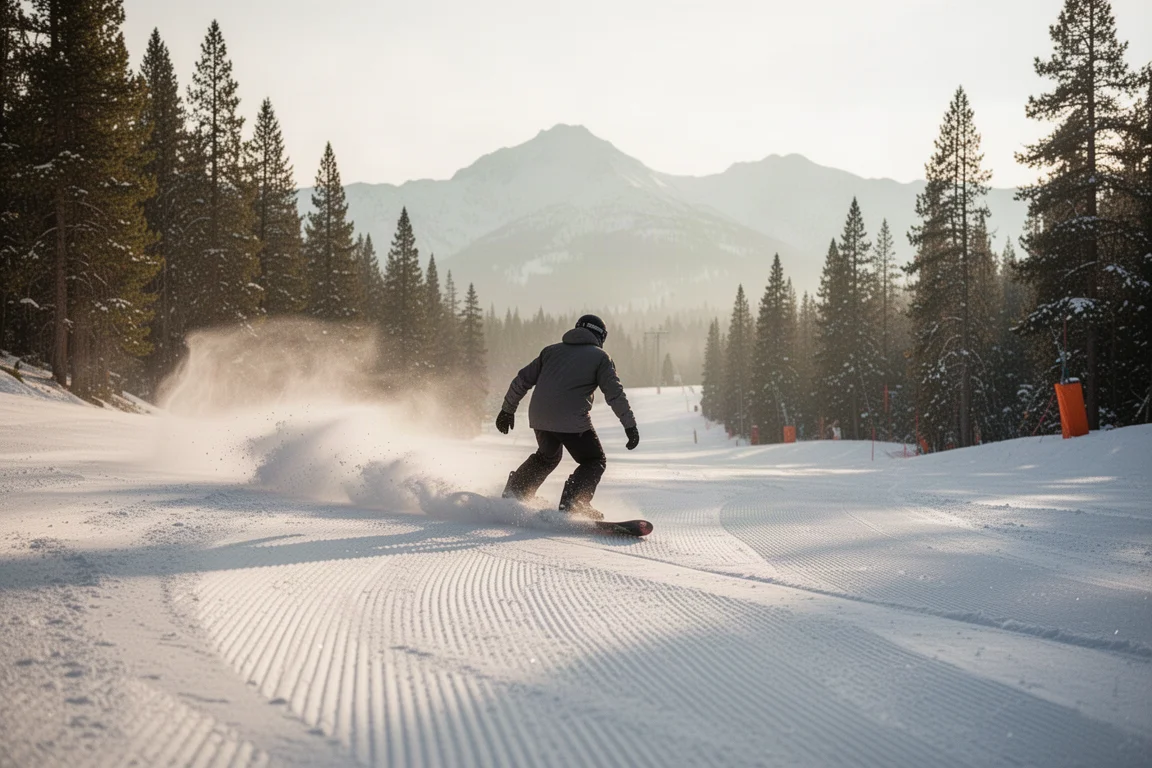 Snowboardeuse vue de dos traçant une courbe sur une piste fraîchement damée à la lumière du matin