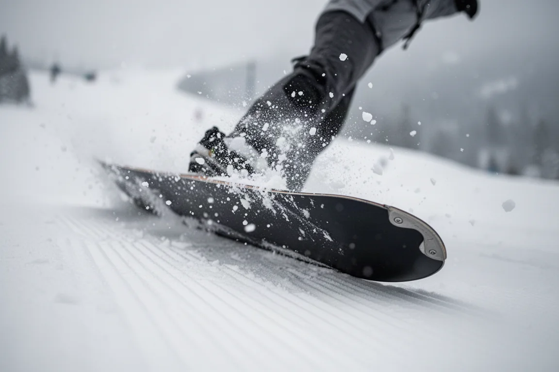 Vue en contre-plongée d'un carre de snowboard mordant la neige damée avec une gerbe de neige