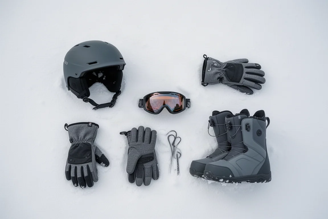 Vue aérienne d'équipement de snowboard féminin disposé sur une neige tassée