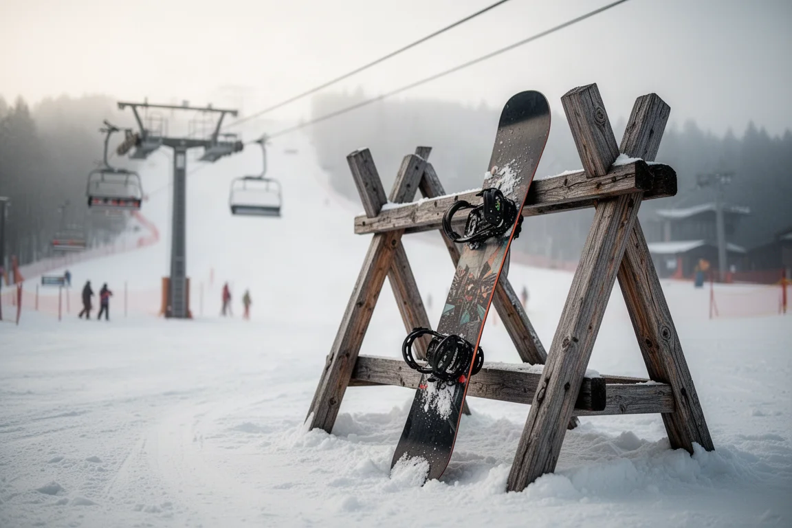 Snowboard appuyé contre un râclage en bois au pied d'une station au petit matin