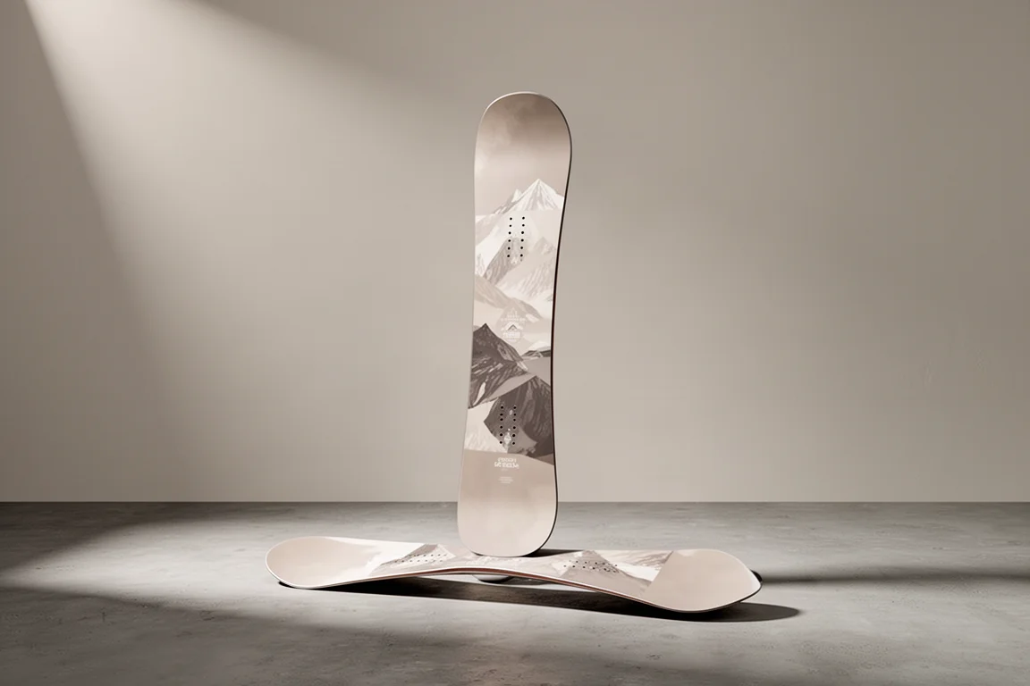 Women's all-mountain twin snowboard standing upright on a matte concrete surface