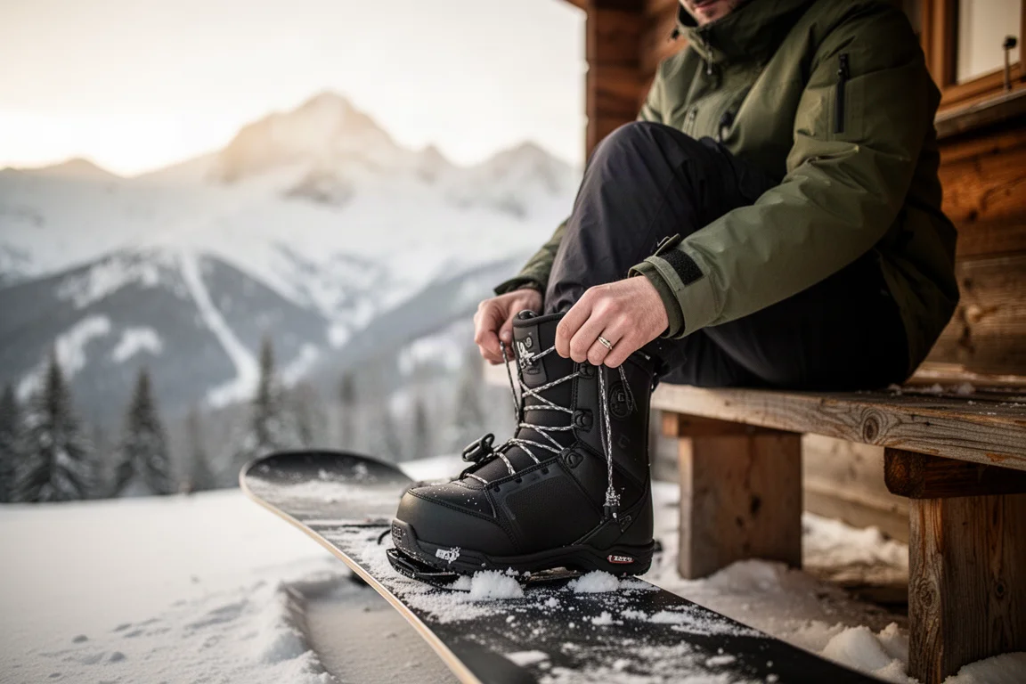 Snowboarder schnürt auf einer Holzbank in einer Berghütte die Boots