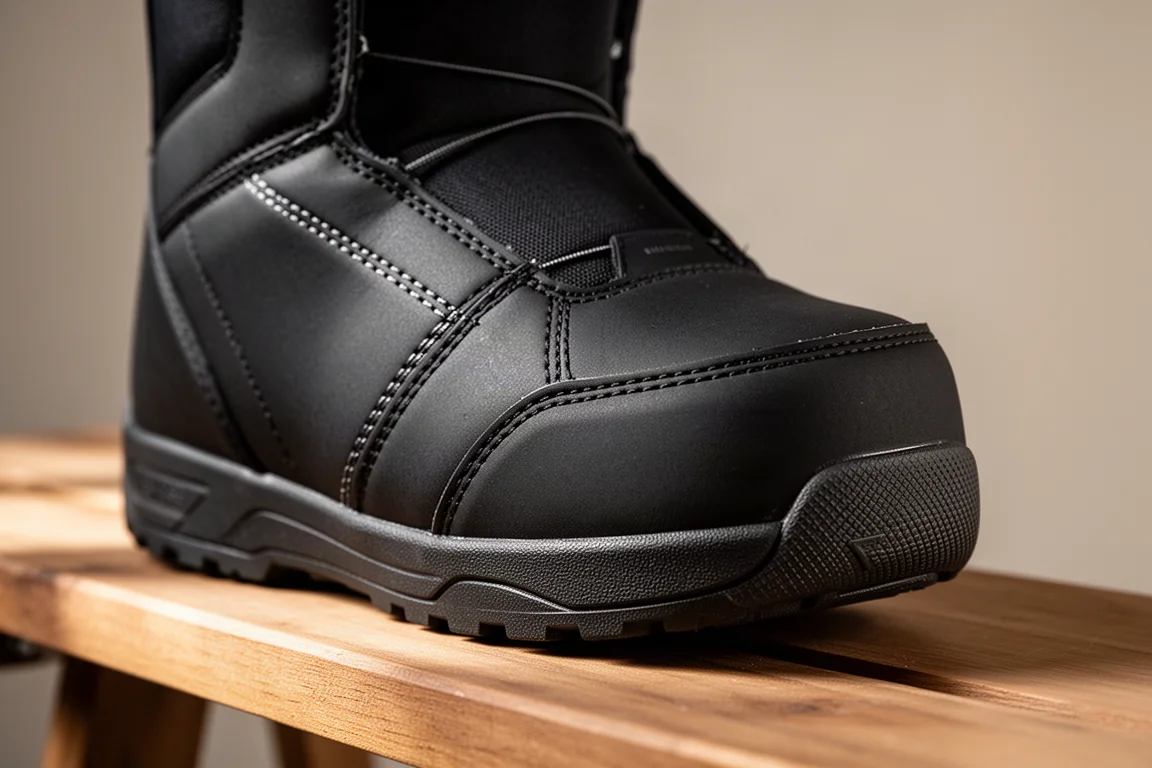 Nahaufnahme eines schwarzen Snowboard-Boots mit verstärkten Nähten und Gummikappe