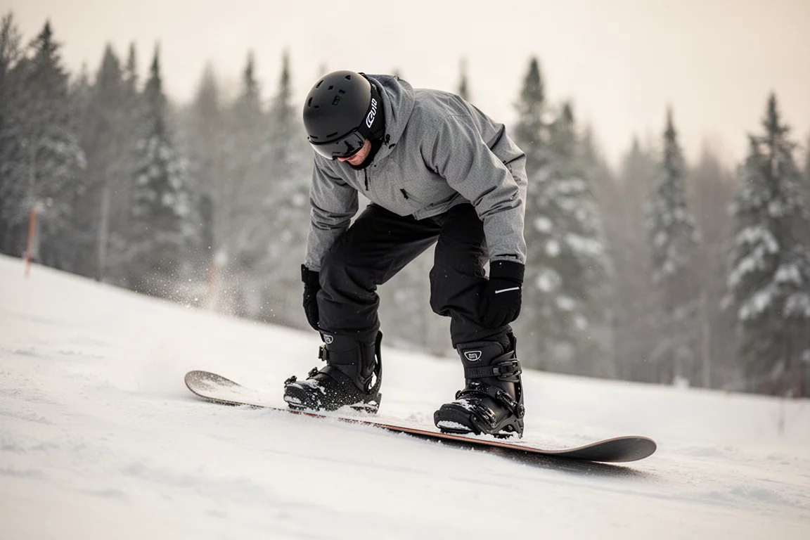 Snowboarder beugt sich auf einer verschneiten Piste im Boot nach vorne