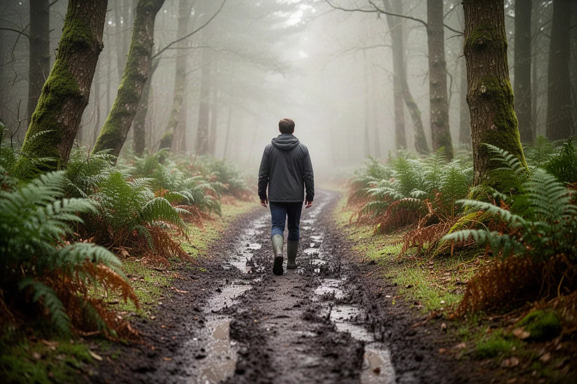 Walker in waterproof trail shoes on a muddy forest path in soft daylight