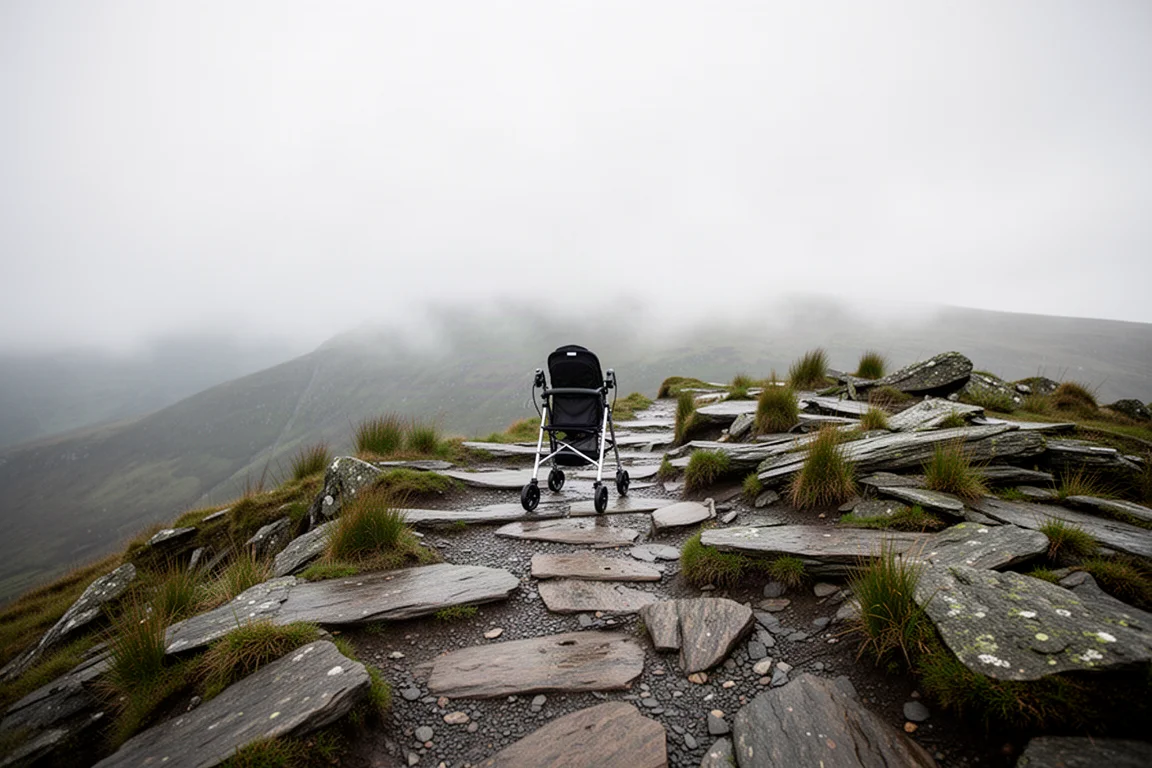 Hiker crossing a rocky mixed-terrain ridge trail under low cloud