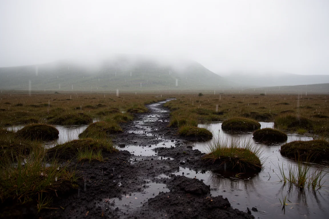 Rain-soaked bogland path with low mist over distant hills