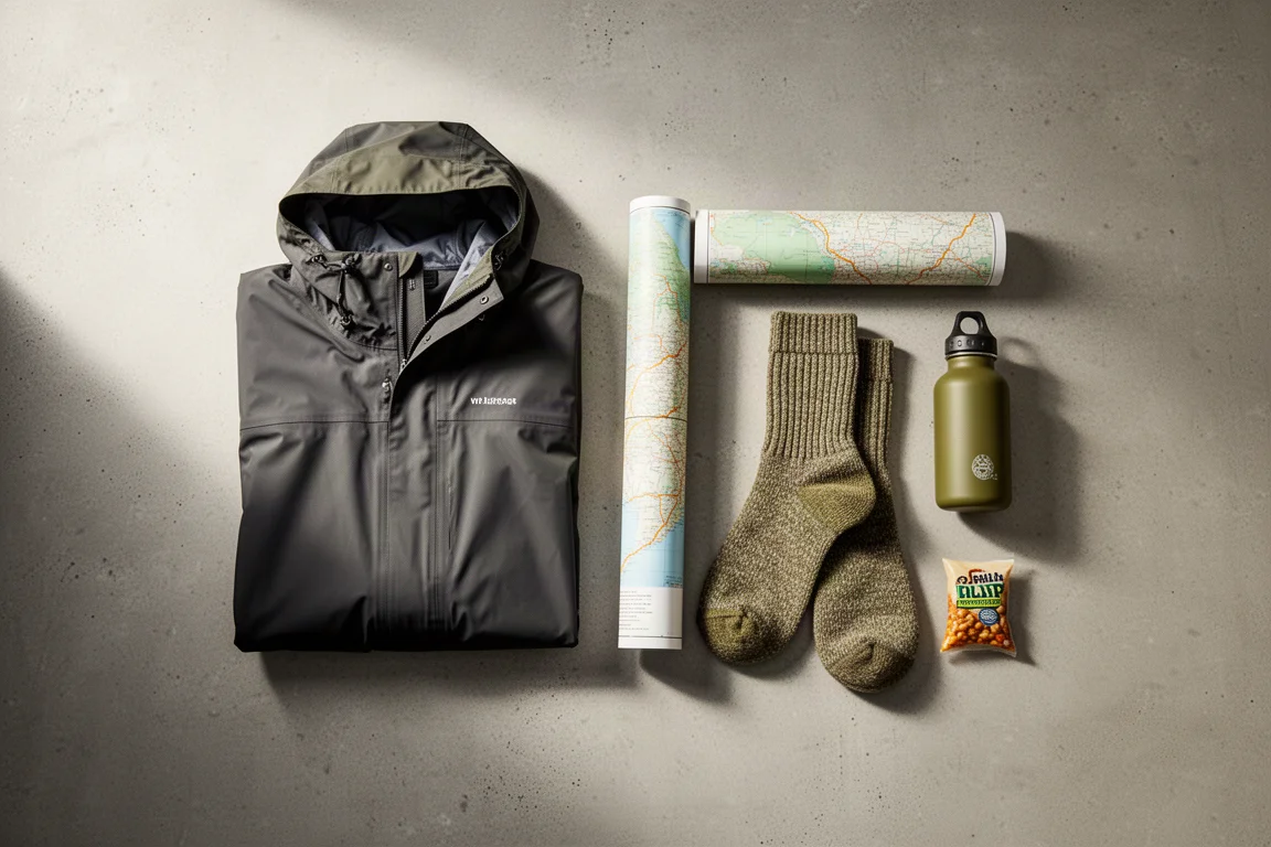 Overhead flat lay of walking gear on concrete with socks and map