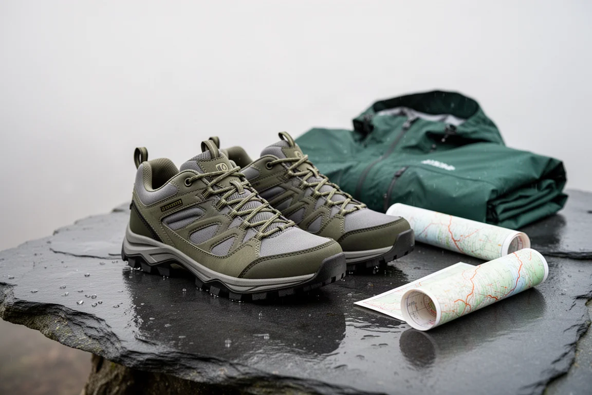 Scarpe da trail walking impermeabili su ardesia bagnata accanto a una giacca piegata e a una mappa