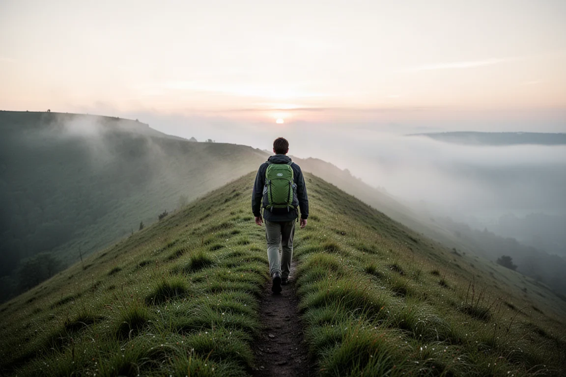 Wanderer mit leichtem Tagesrucksack auf einem feuchten grasbewachsenen Bergkammweg bei Sonnenaufgang