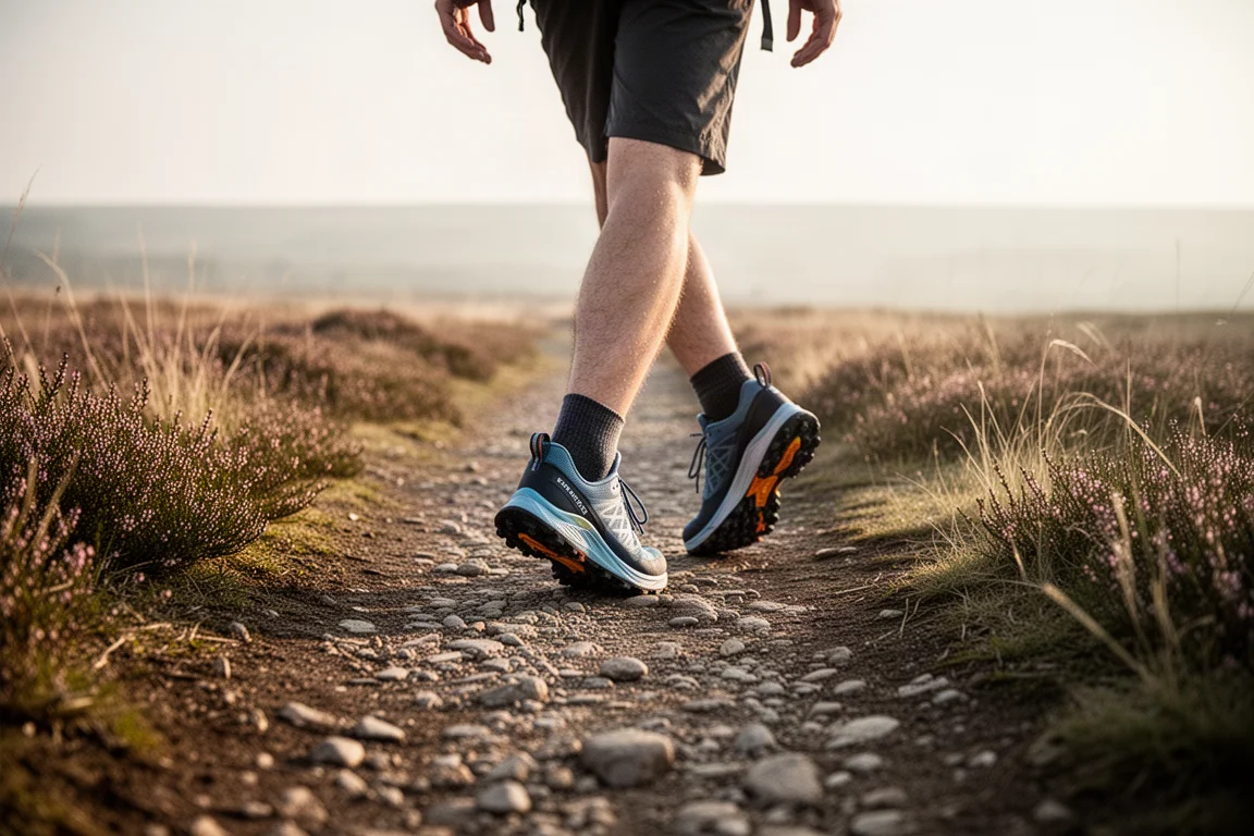 Wanderer auf einem trockenen Hochlandpfad im warmen Nachmittagslicht in niedrigen Trail-Schuhen