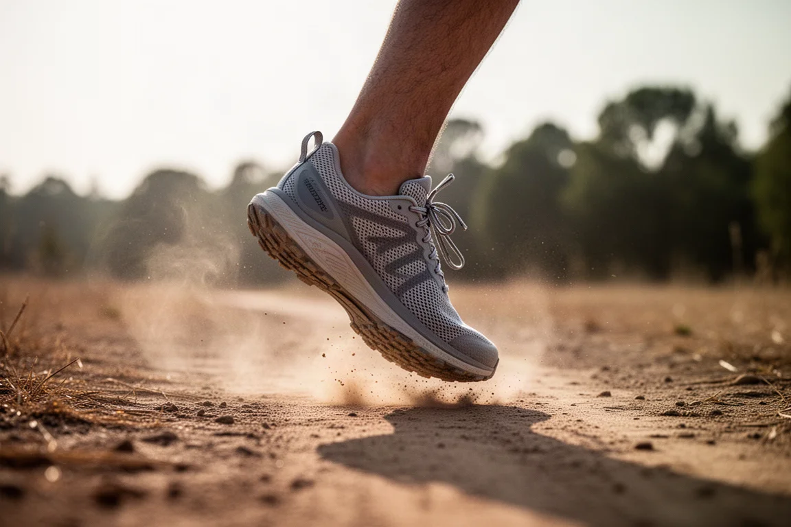 Leichter Mesh-Trail-Schuh mitten im Schritt auf staubigem, trockenem Pfad im Morgenlicht