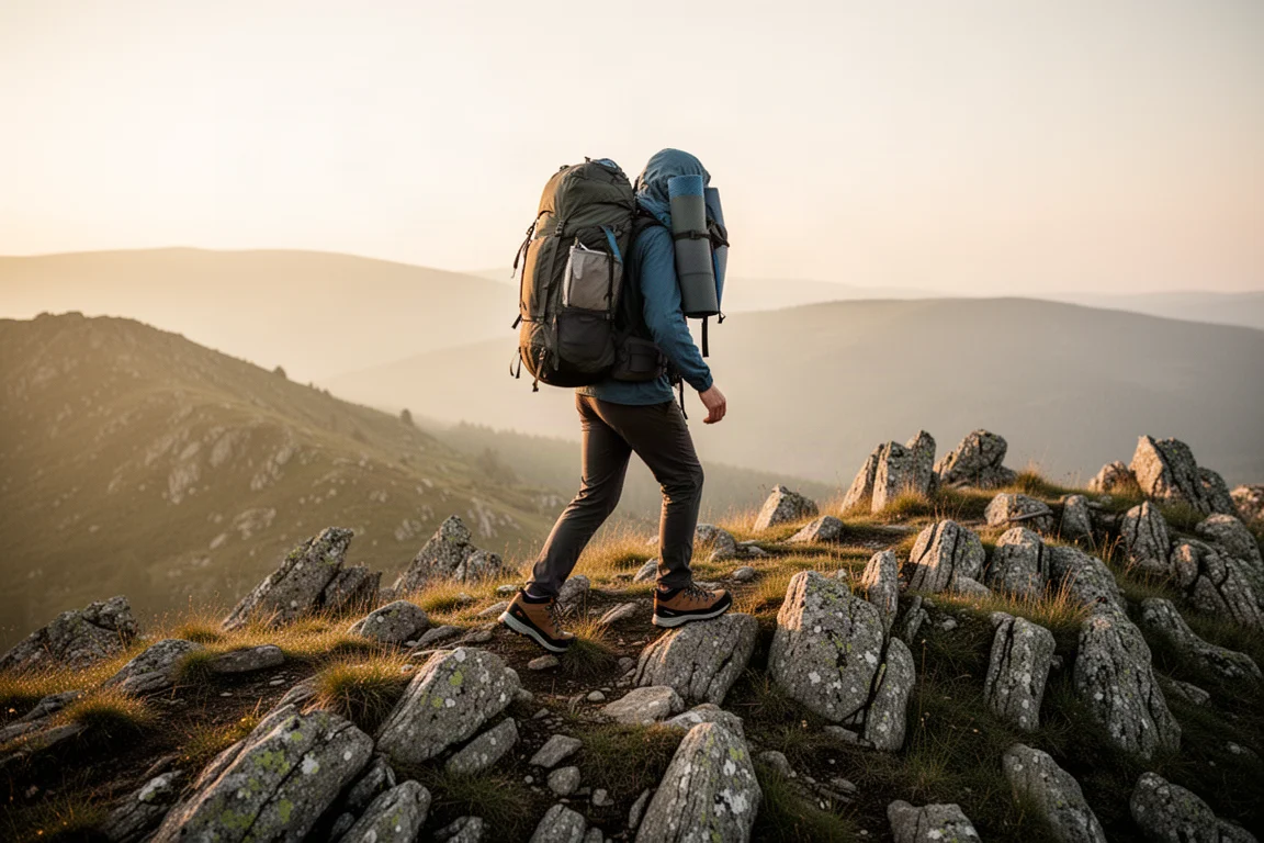 Rucksackwanderer mit bepacktem Rucksack überquert einen felsigen Mixed-Terrain-Grat zur goldenen Stunde