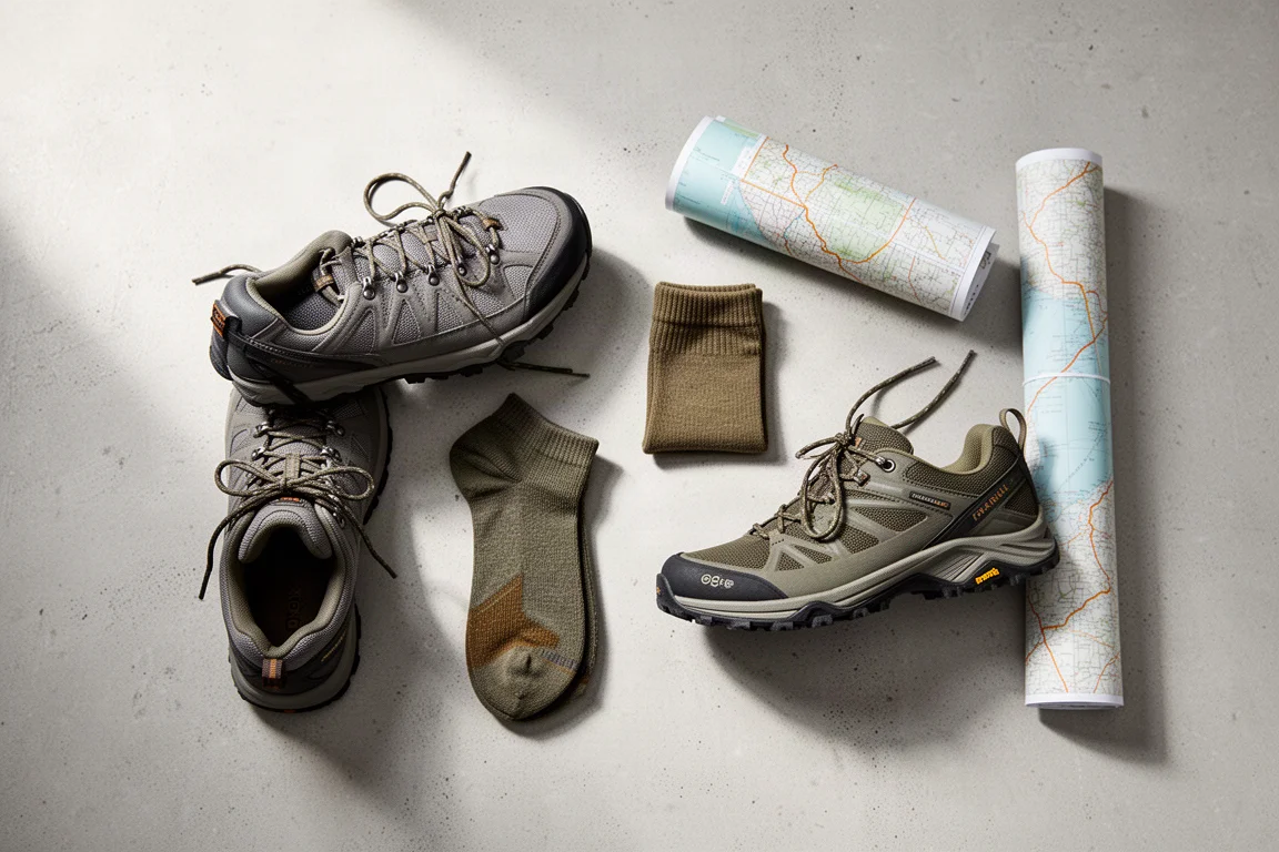 Draufsicht auf einen halbhohen Wanderschuh und einen niedrigen Trail-Schuh auf Beton