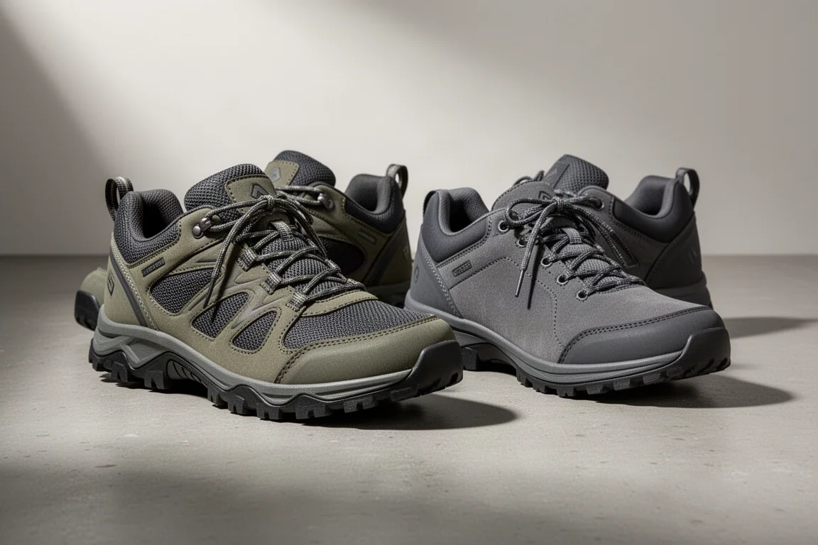 Due scarpe da escursionismo a metà collo in verde oliva e antracite su una superficie di cemento opaco