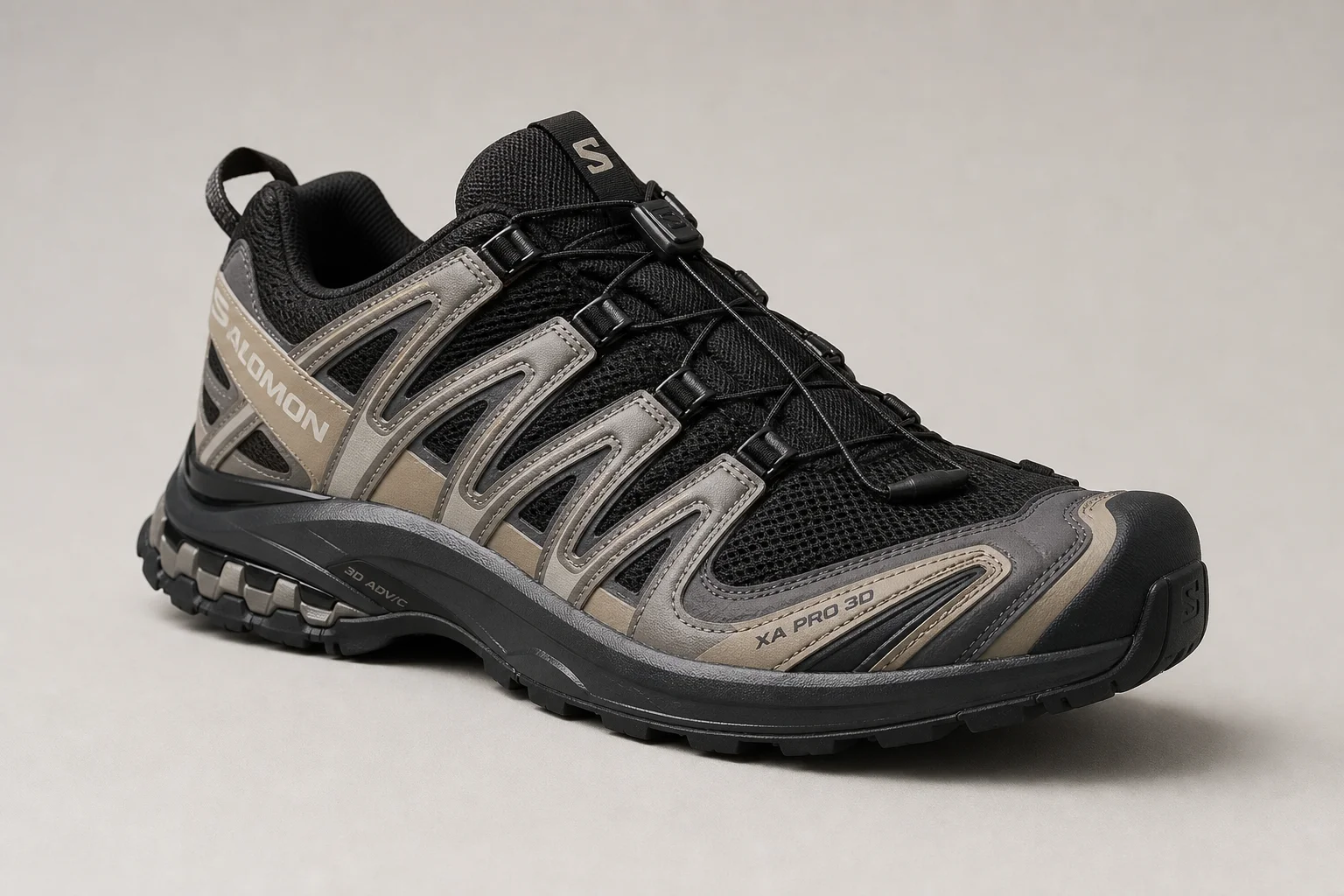 Three trail running shoes arranged on concrete: Topo Mountain Racer 3, HOKA Speedgoat 6, and Salomon XA Pro 3D
