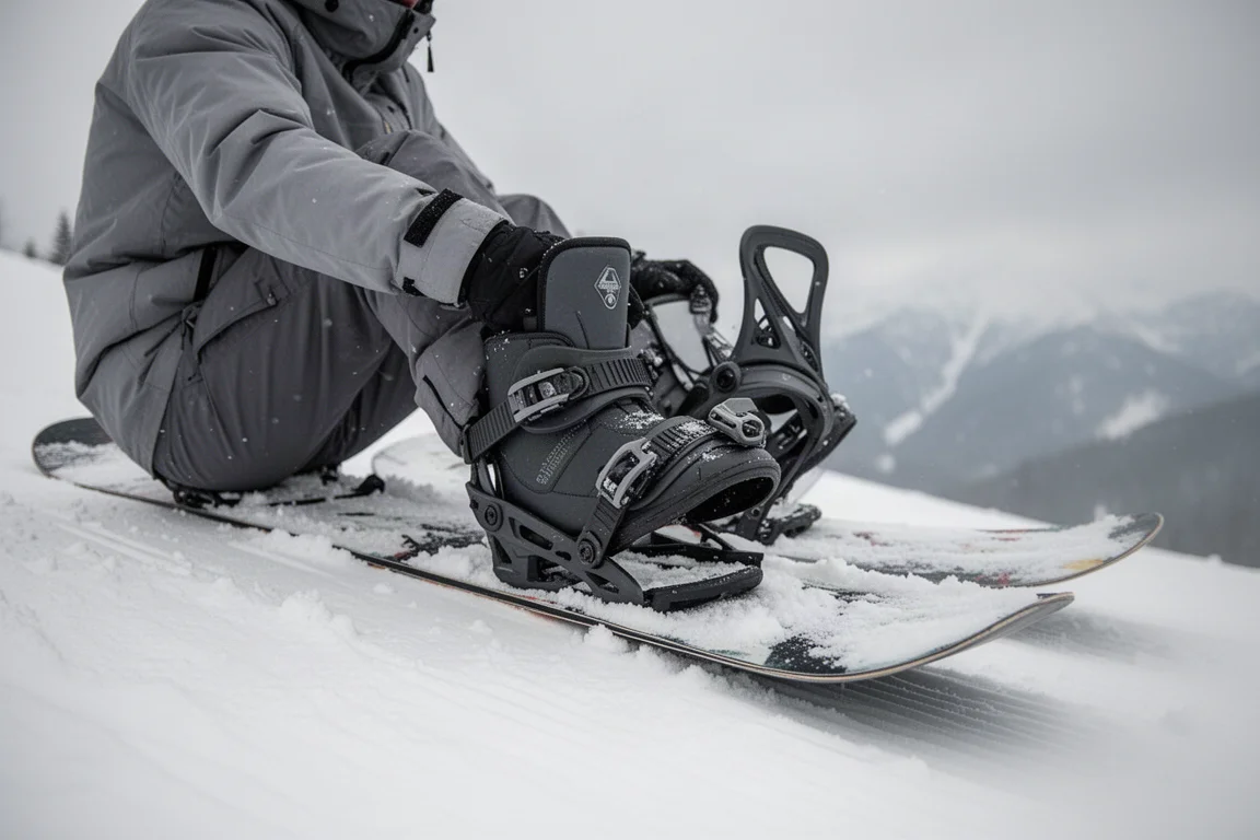 Snowboarder deslizando a bota para dentro de uma fixação de entrada traseira em uma pista nevada