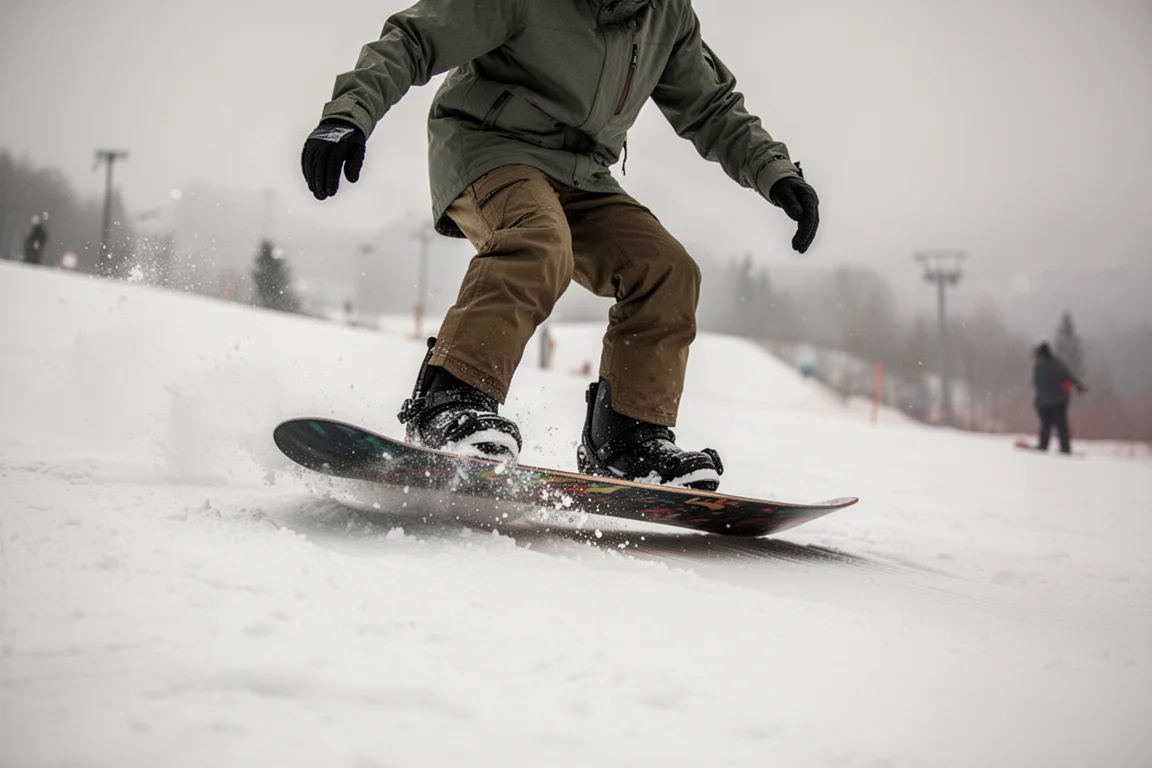 Rider fazendo butter na nose de um snowboard em uma pista groomed