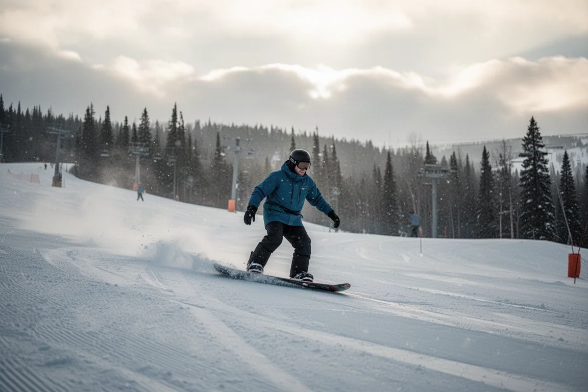 Snowboarder cruzando uma pista azul groomed sob luz suave da tarde