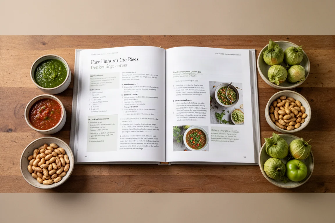 Pagine di un cookbook aperte accanto a ciotole di salsa verde e rossa fresca sul piano della cucina