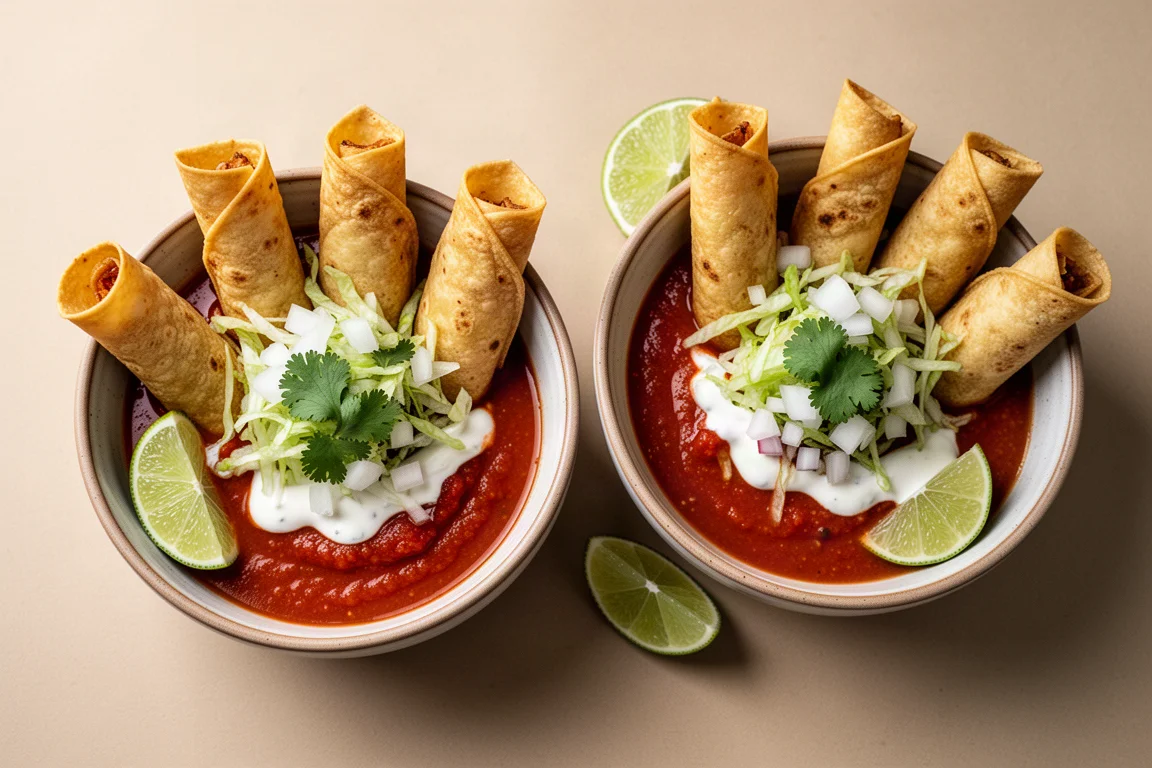 Taquitos croccanti arrotolati disposti in ciotole di zuppa, un'estremità intinta nella salsa rossa con guarnizioni