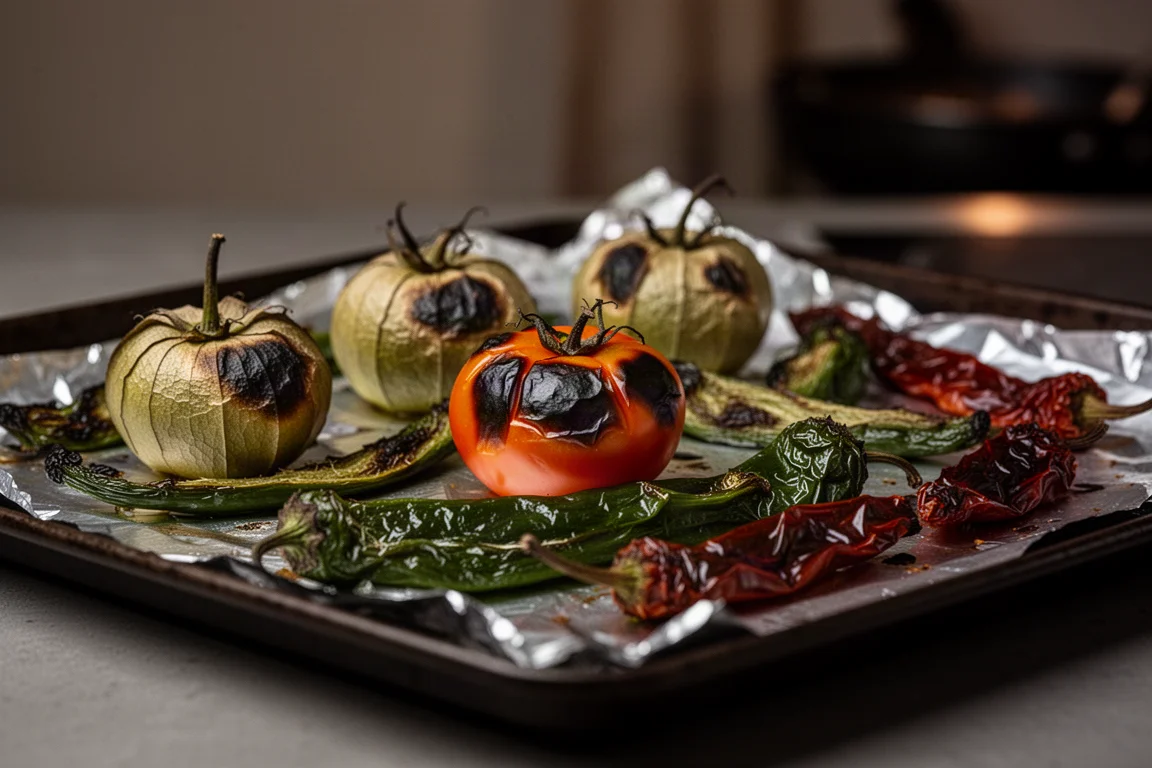 Tomatillos e peperoncini bruciacchiati su una teglia foderata di alluminio sotto il grill