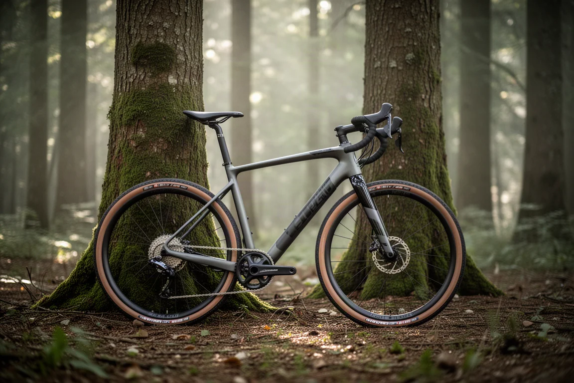 Salsa Warbird Gravelbike lehnt an einem Baum auf einer Waldlichtung