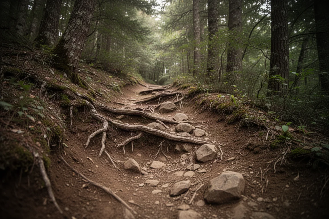 Wurzeliger steiler Trail, der in dichten Wald hinabführt